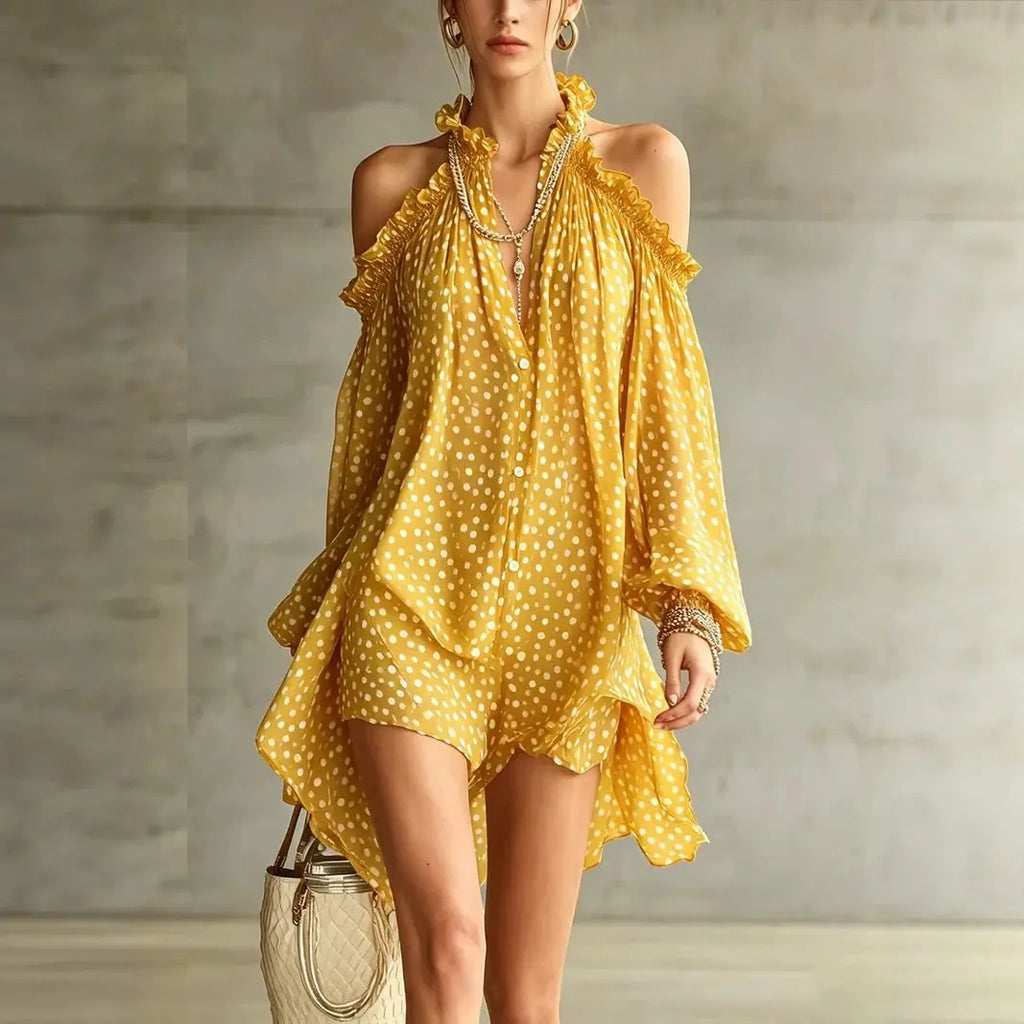 Olive Polka Dot Cold-Shoulder Dress
