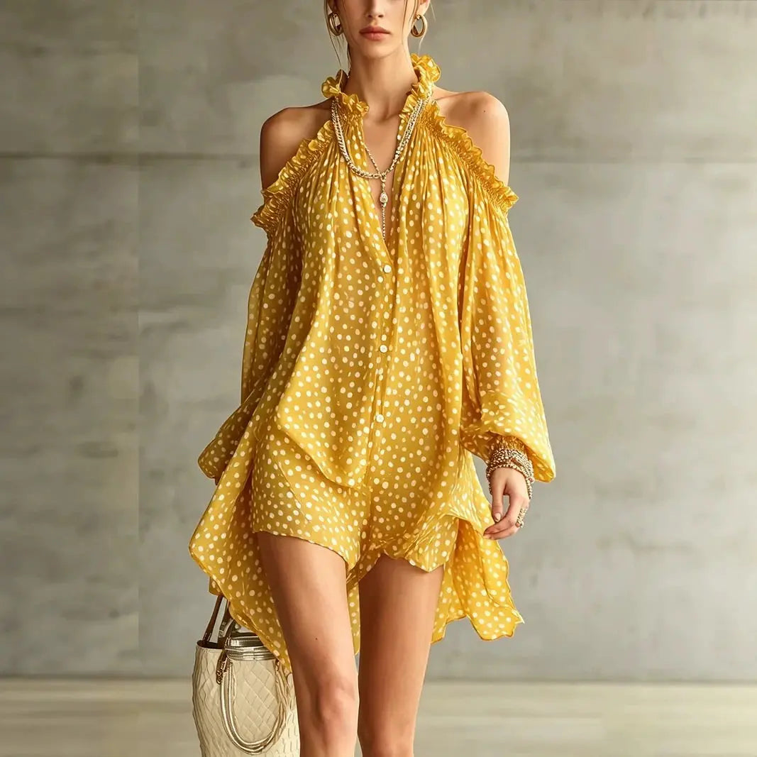 Olive Polka Dot Cold-Shoulder Dress