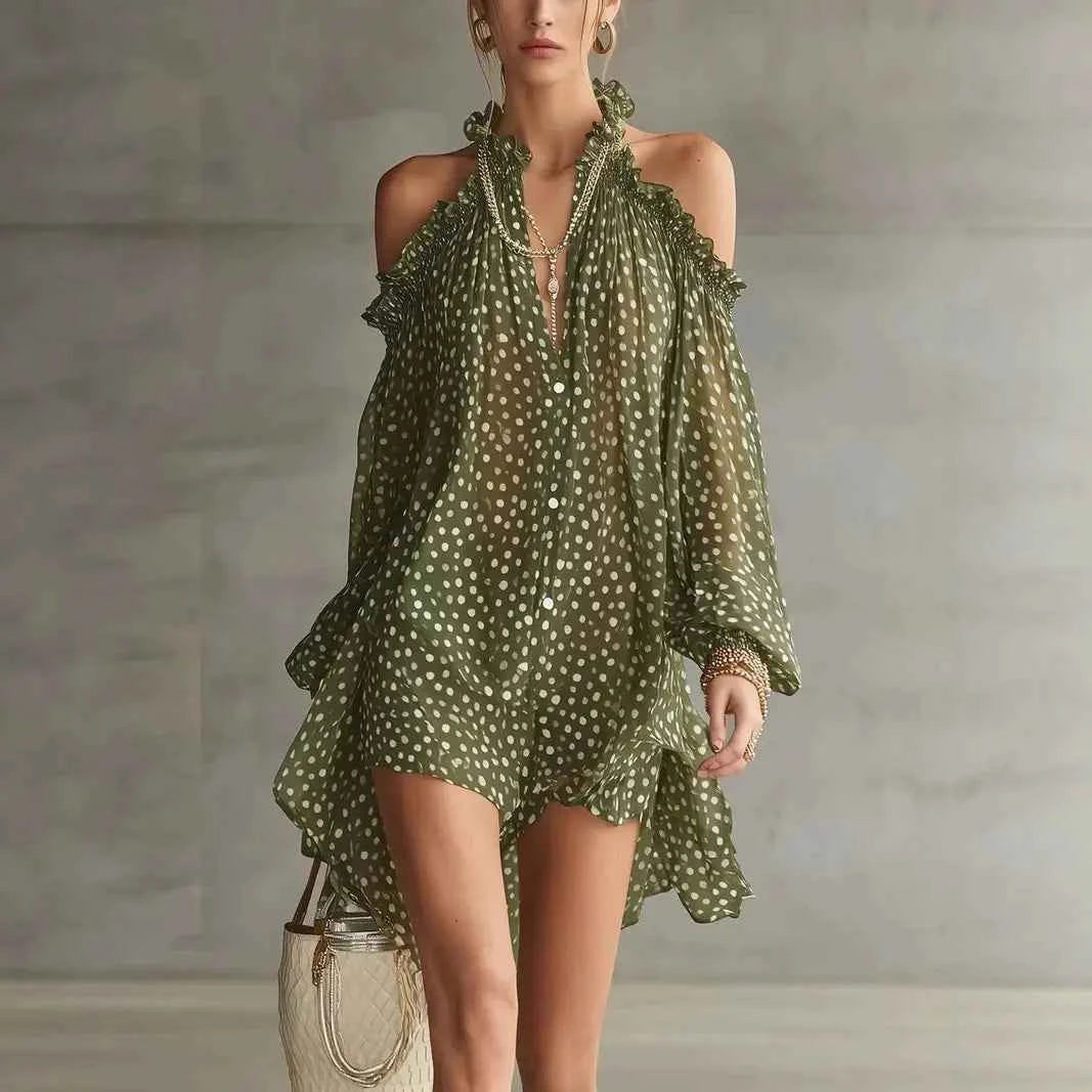 Olive Polka Dot Cold-Shoulder Dress