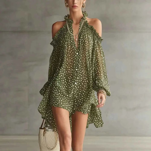 Olive Polka Dot Cold-Shoulder Dress