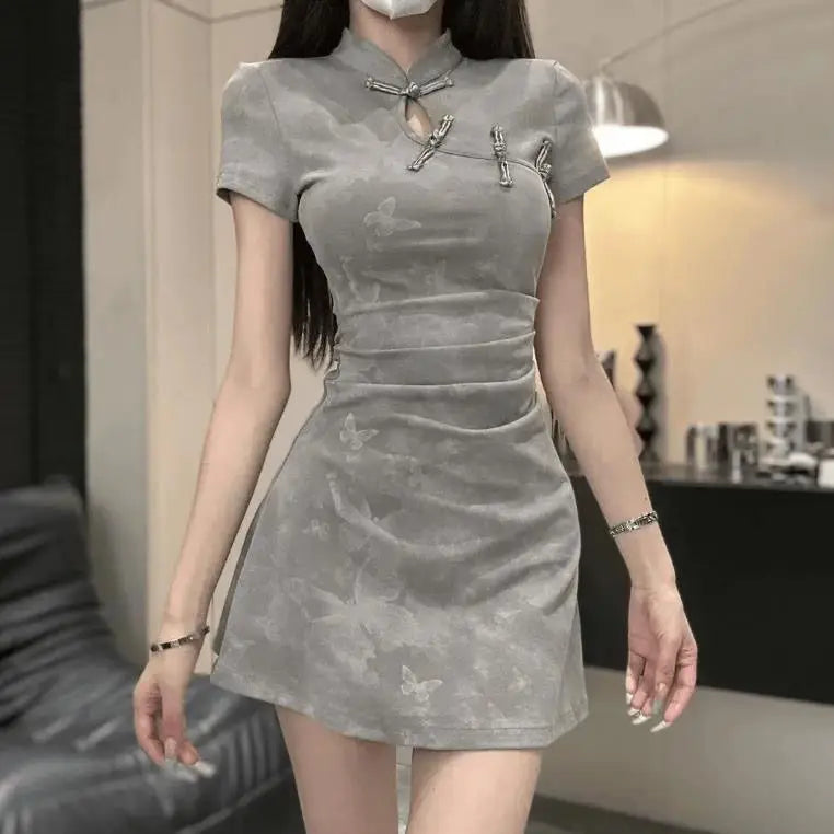 Black Butterfly Print Cheongsam Dress