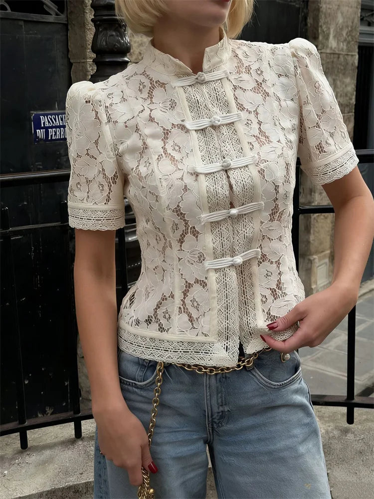 Floral Lace Frog Closure Blouse
