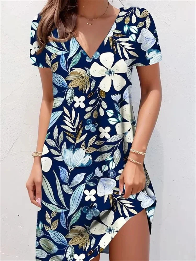 Navy Floral Print V-Neck Midi Dress