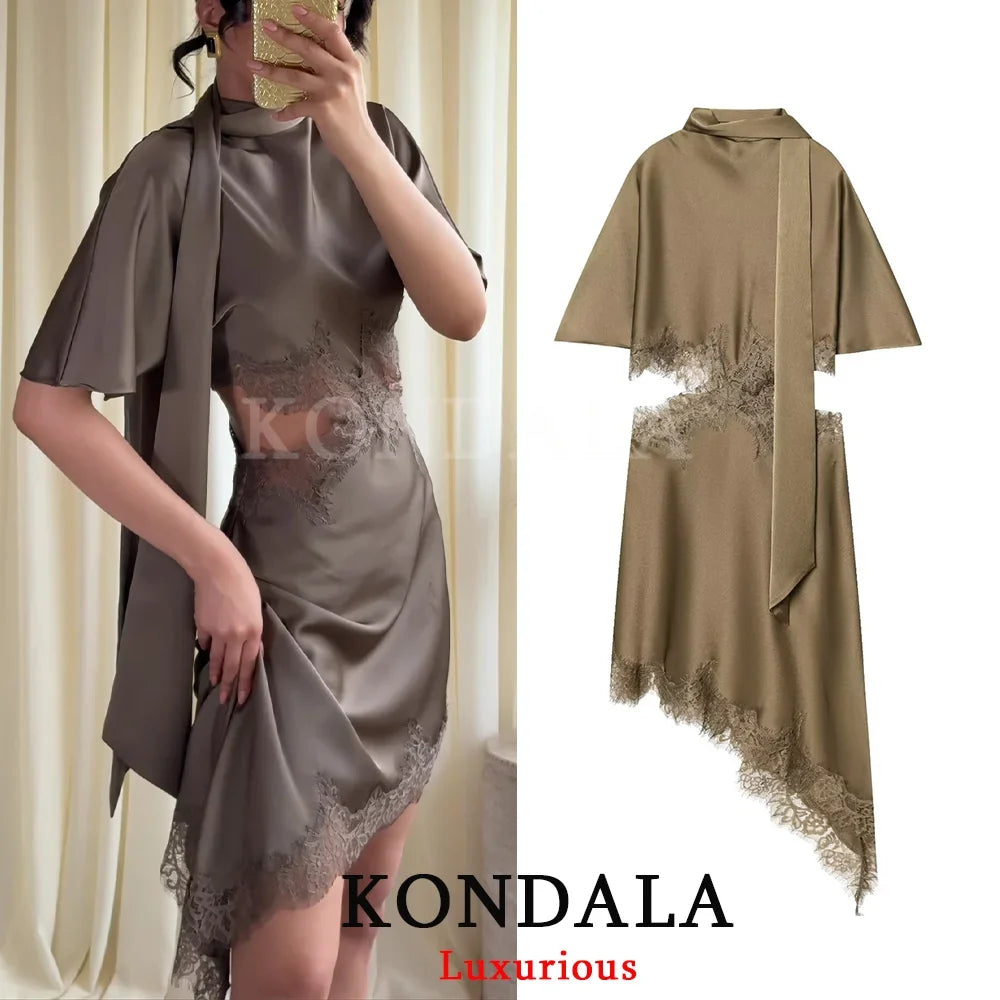 Lace Trim Scarf Collar Mini Dress