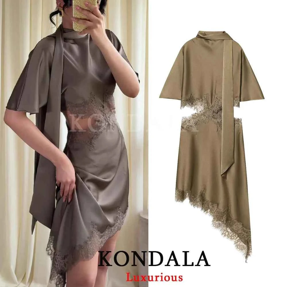Lace Trim Scarf Collar Mini Dress