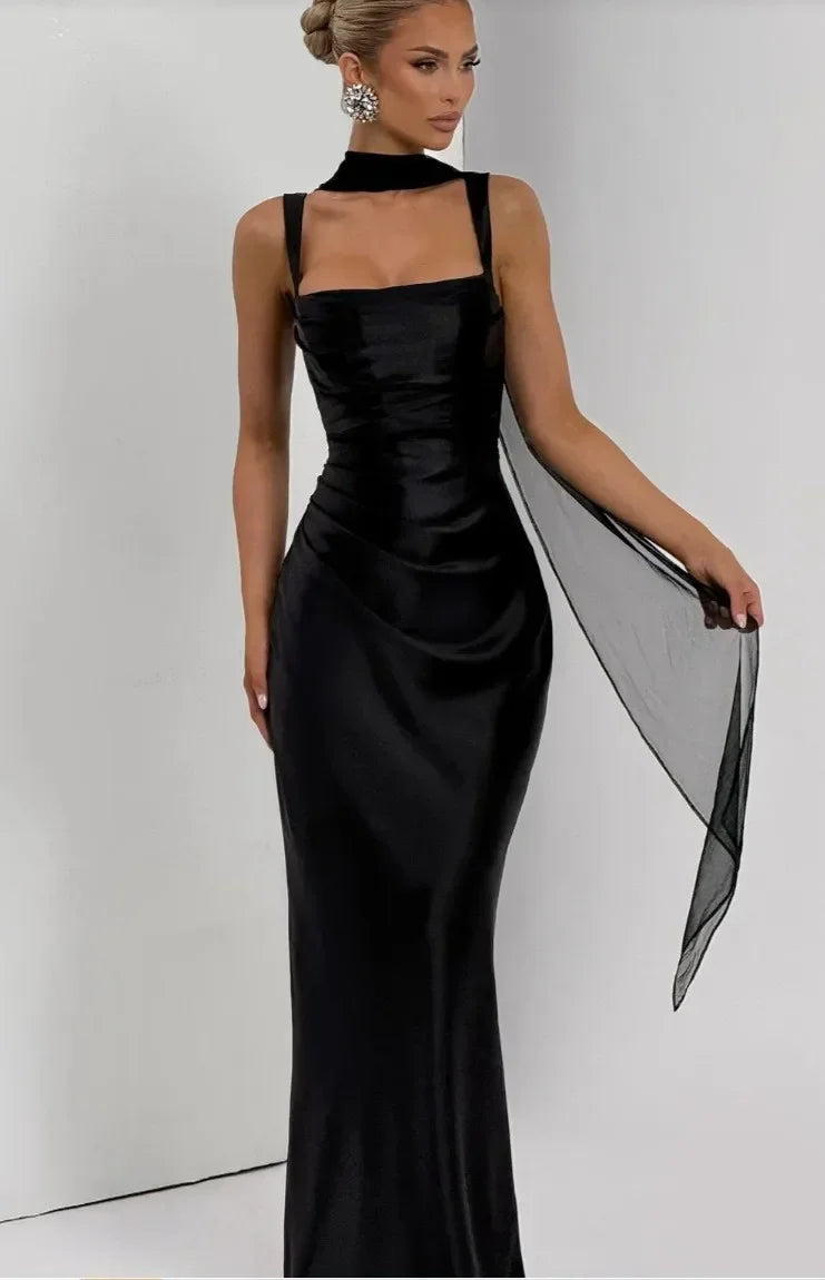 Ruched Satin-Look Evening Dress