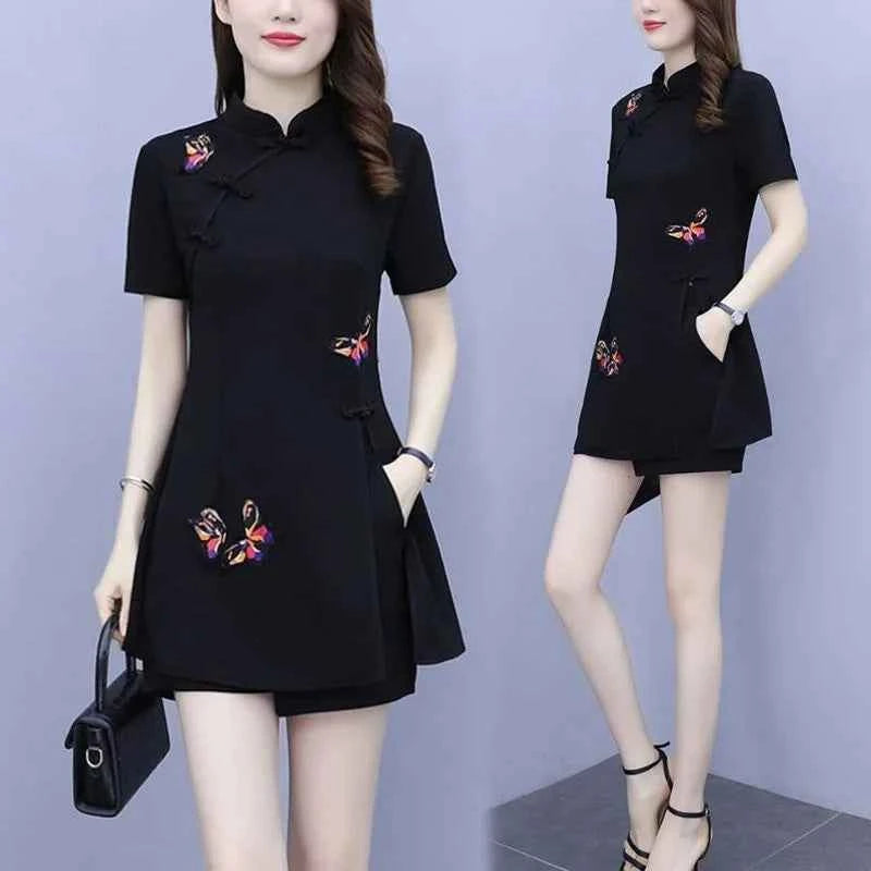 Embroidered Mandarin Collar Shorts Set