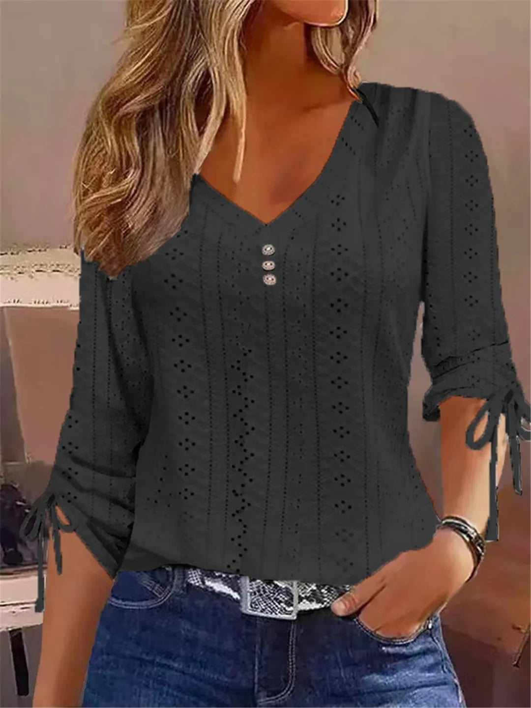 Eyelet Cutwork V-Neck Blouse