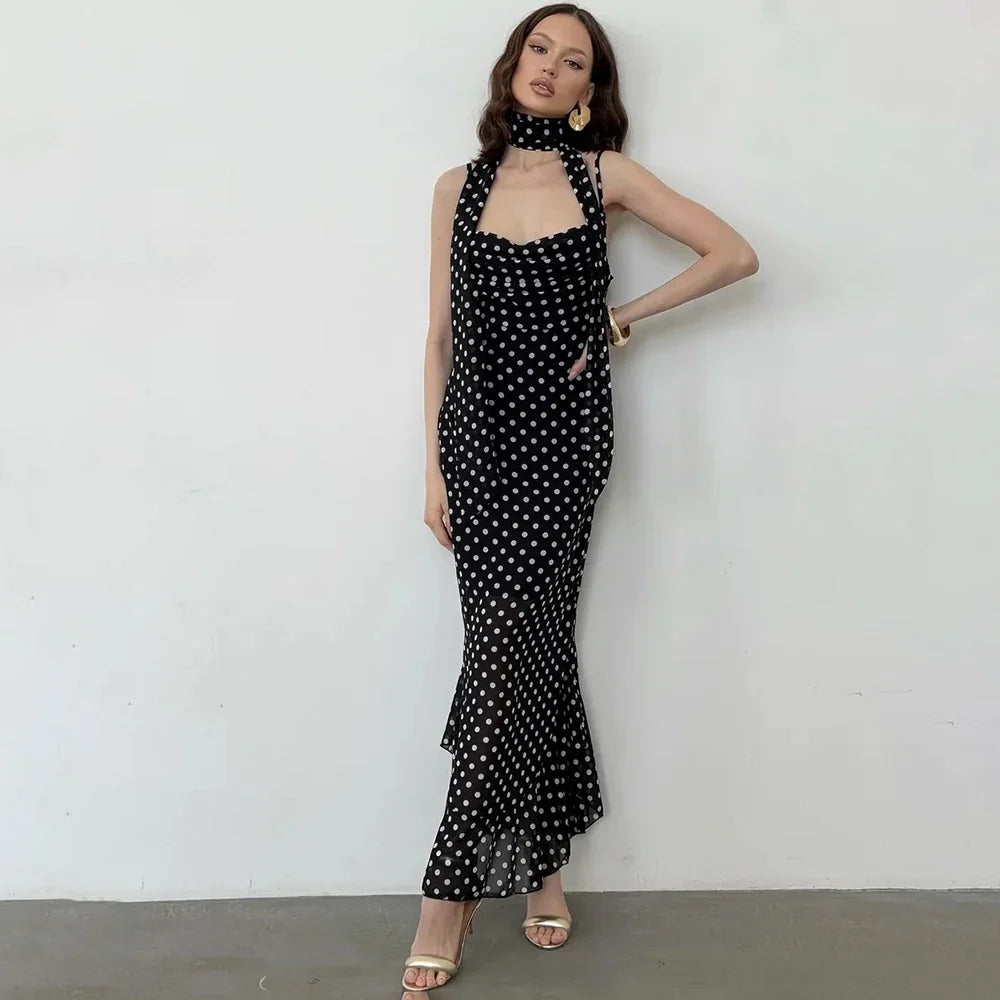Polka Dot Cowl Neck Maxi Party Dress