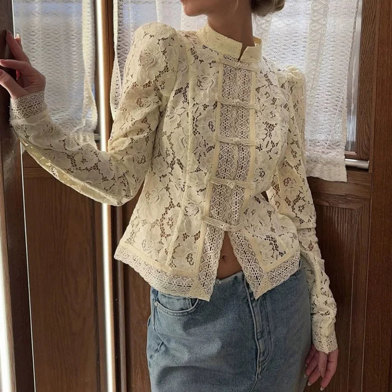 Floral Lace Frog Closure Blouse
