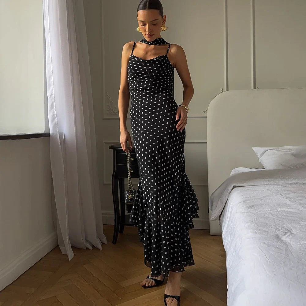 Polka Dot Cowl Neck Maxi Party Dress