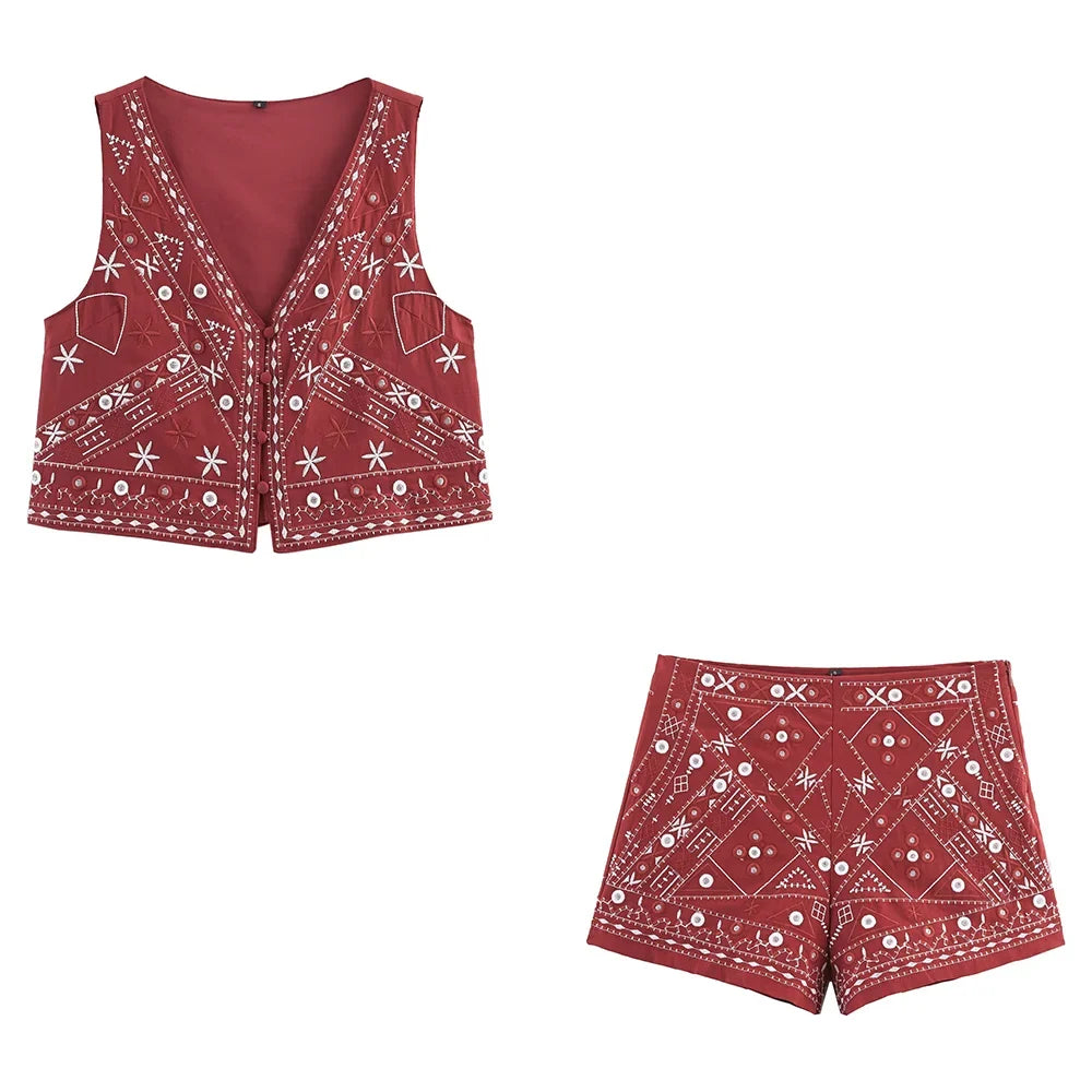 Embroidered Vest Shorts Set