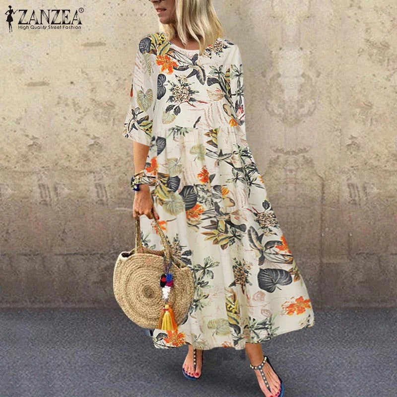 Cream Tropical Floral Midi Dress