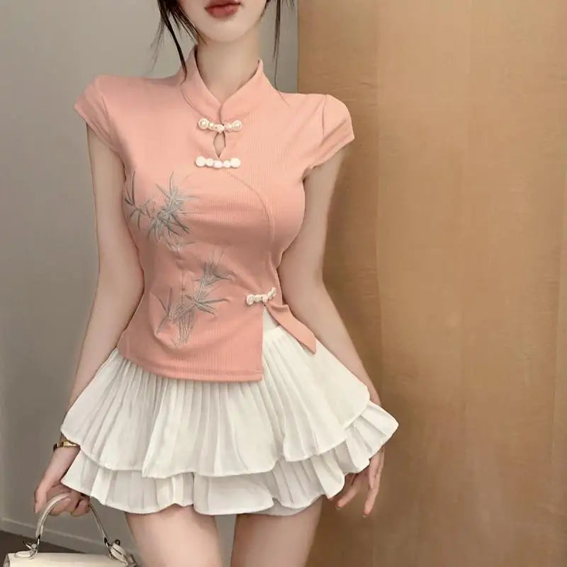 Pink Embroidered Mandarin Collar Top