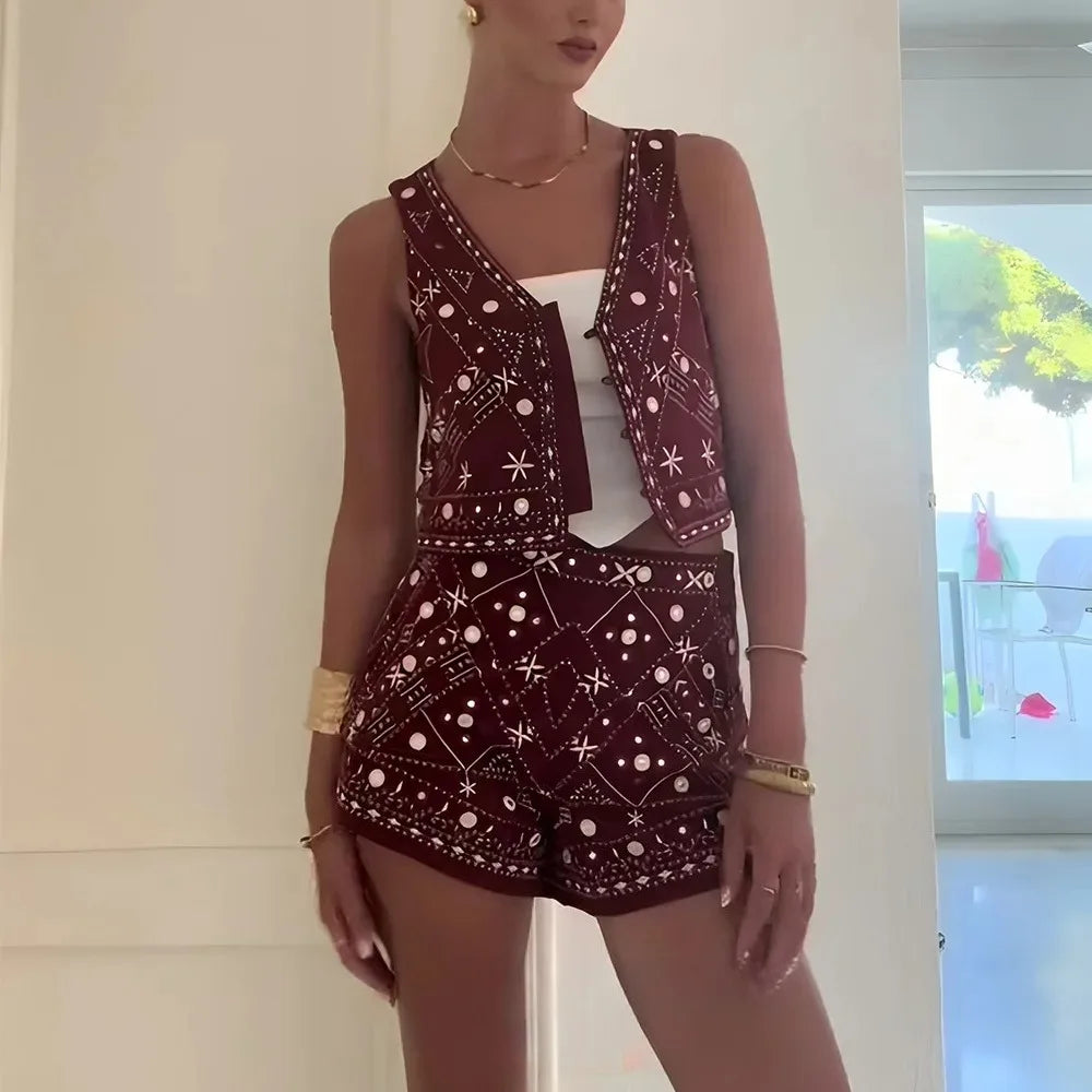 Embroidered Vest Shorts Set