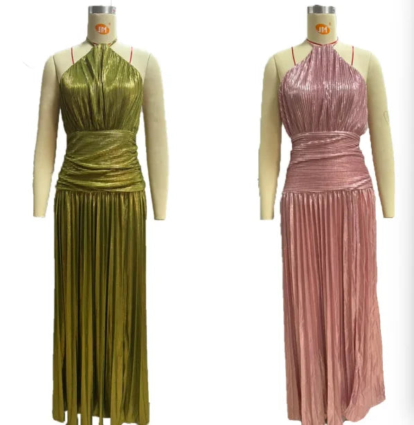 Metallic Pleated Halter Maxi Dress