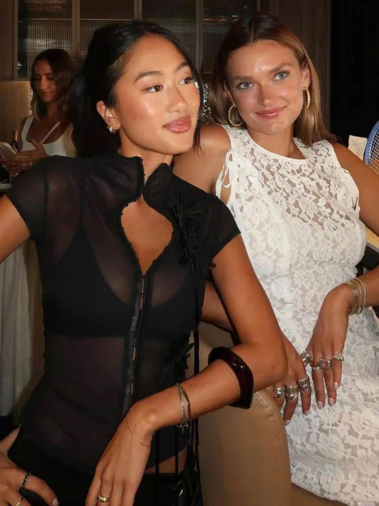 Black Sheer Tassel Crop Top