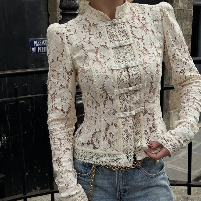 Floral Lace Frog Closure Blouse