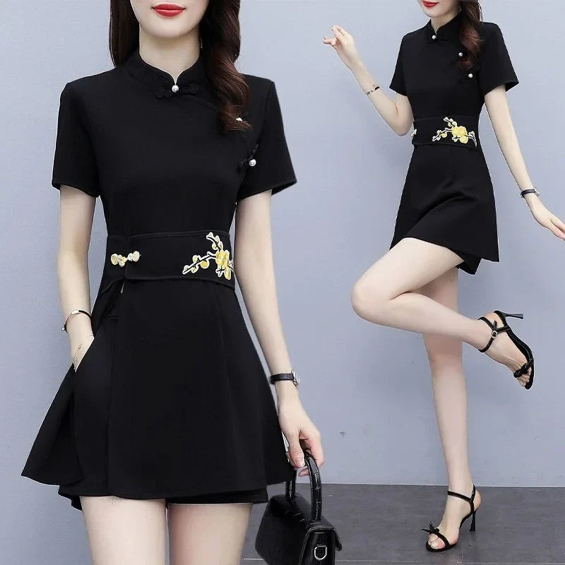 Embroidered Mandarin Collar Shorts Set