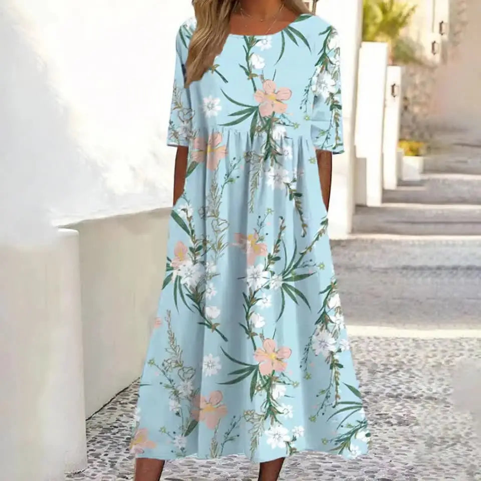 Blue Floral Print A-Line Dress