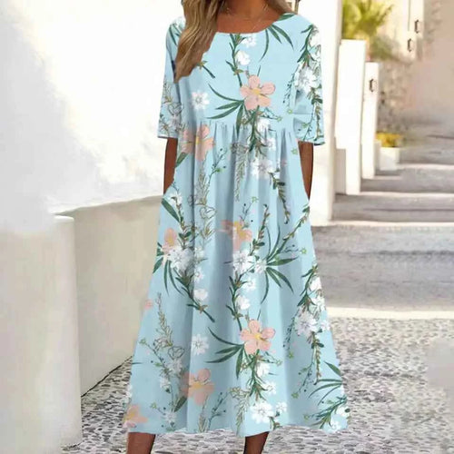Blue Floral Print A-Line Dress