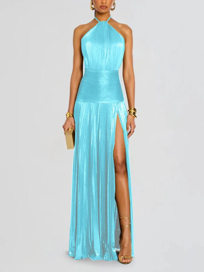 Metallic Pleated Halter Maxi Dress
