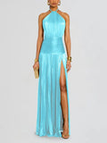 Metallic Pleated Halter Maxi Dress