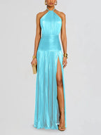 Metallic Pleated Halter Maxi Dress