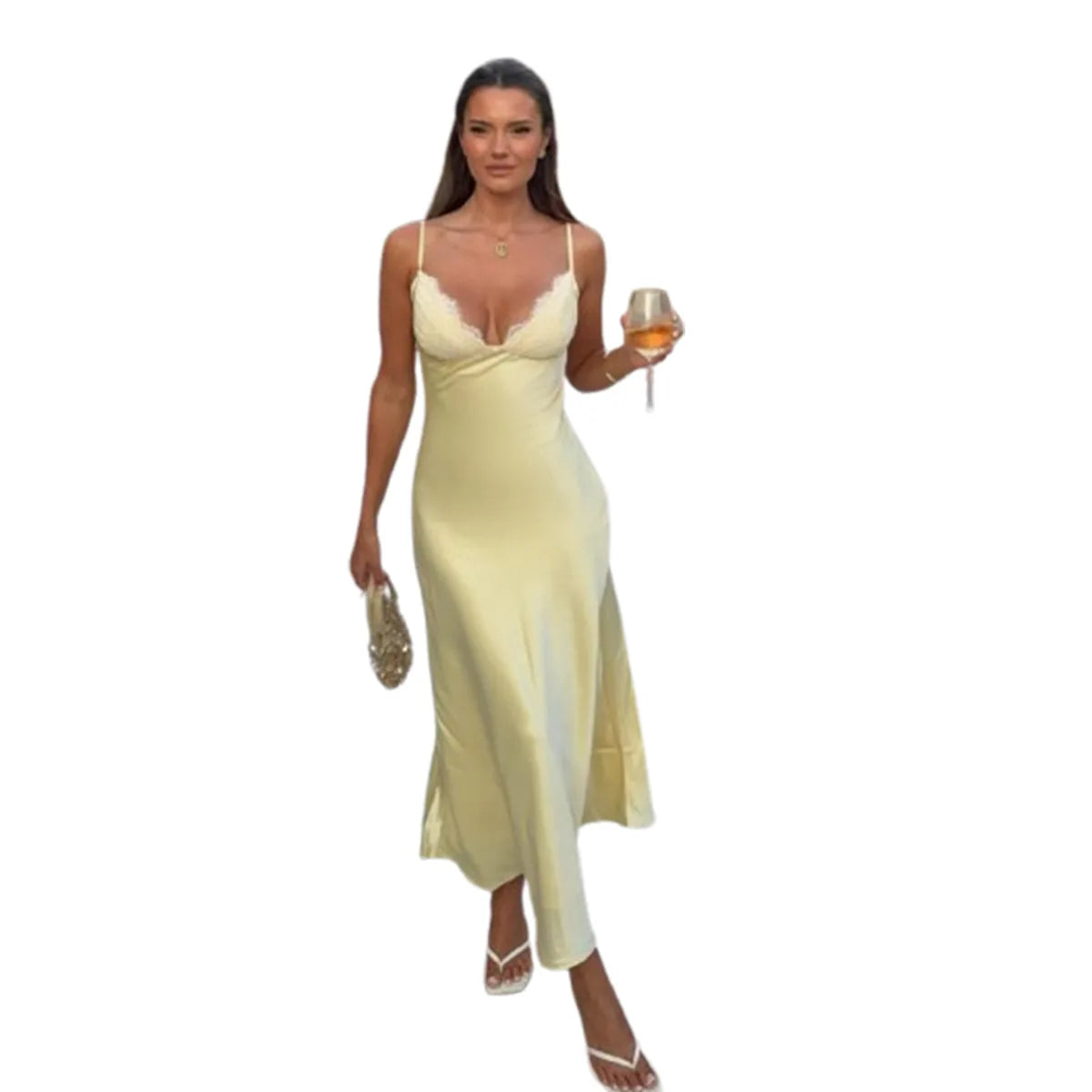 Lace Trim Satin Maxi Dress