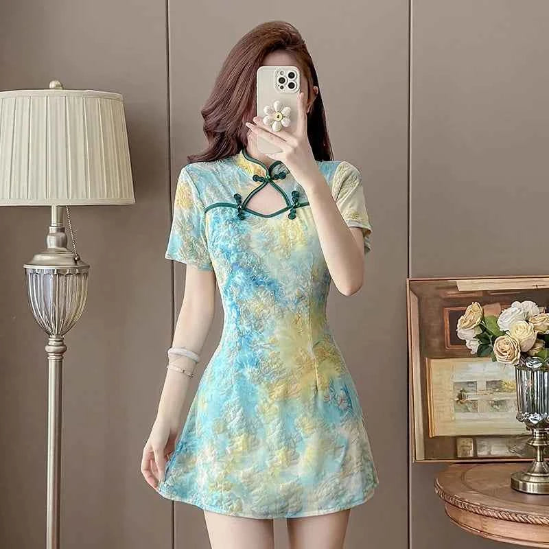 Floral Print Cheongsam Mini Dress