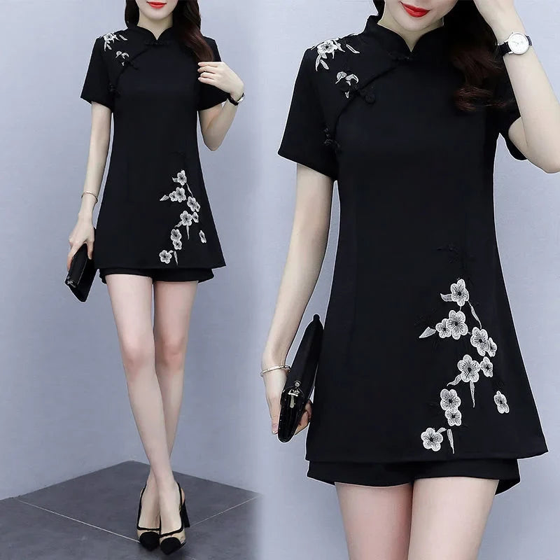 Embroidered Mandarin Collar Shorts Set