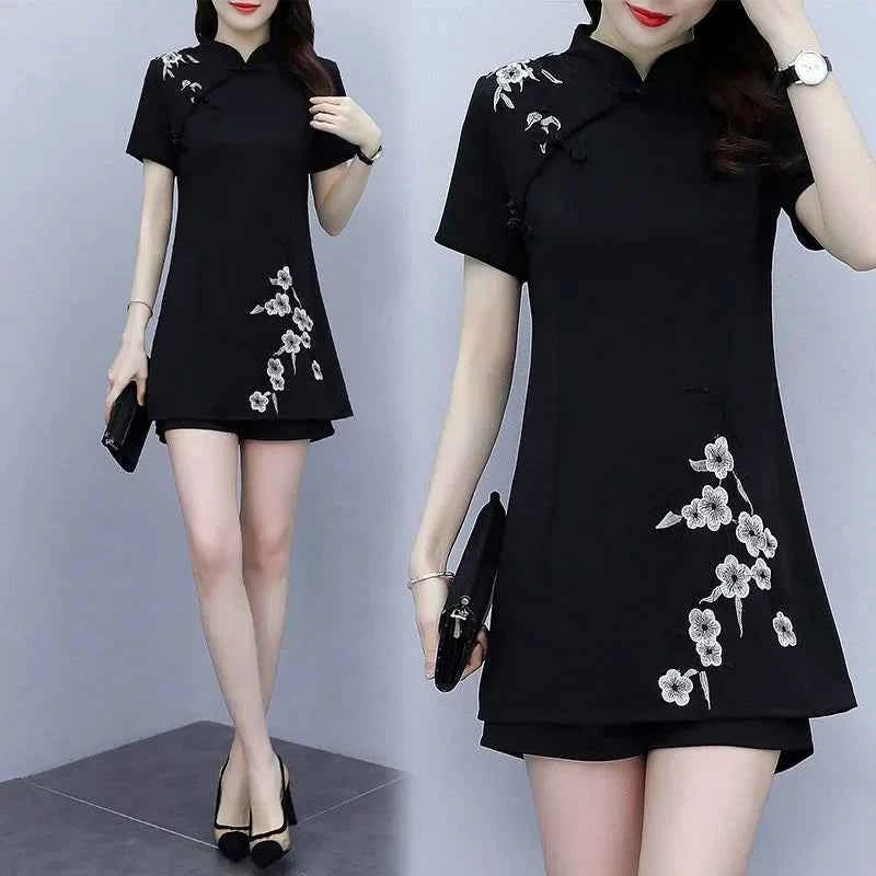 Embroidered Mandarin Collar Shorts Set