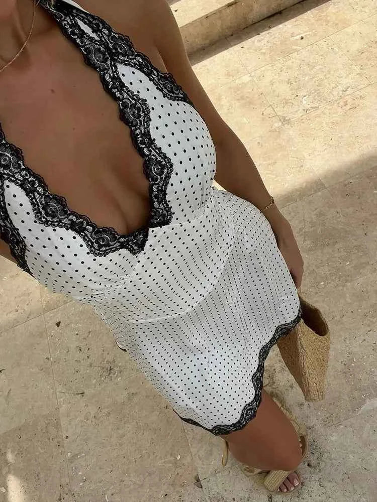 Polka Dot Lace-Trim Halter Mini Dress