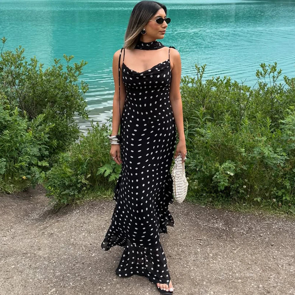 Polka Dot Cowl Neck Maxi Party Dress