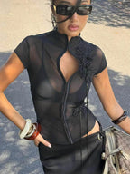 Black Sheer Tassel Crop Top