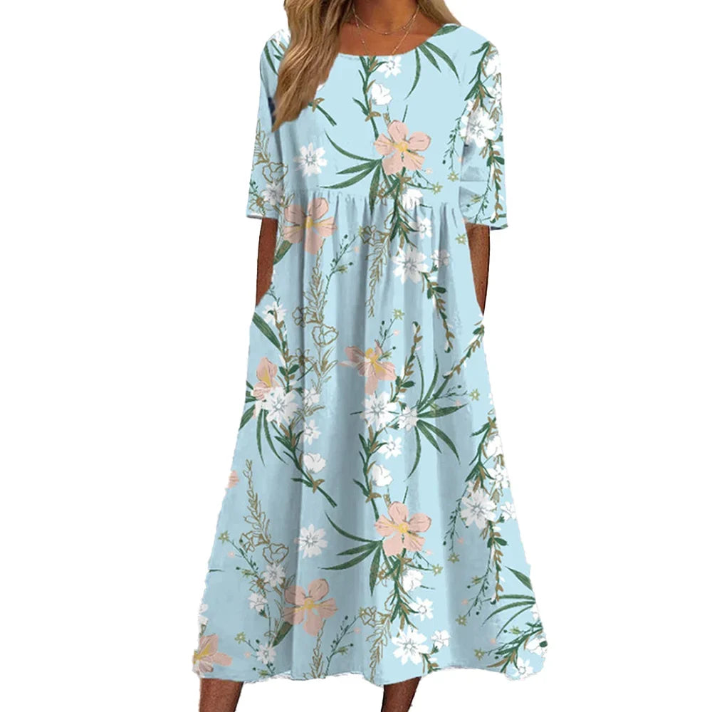 Blue Floral Print A-Line Dress