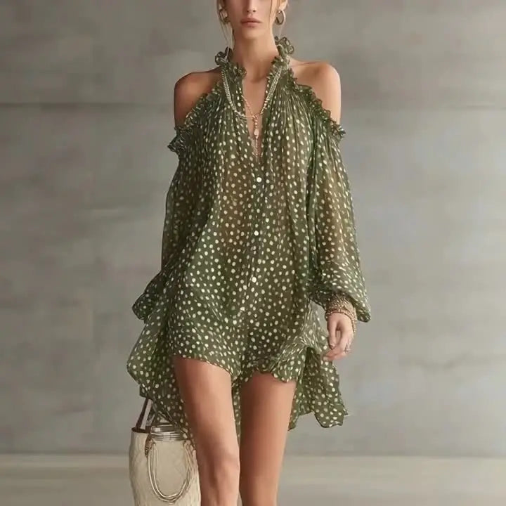 Olive Polka Dot Cold-Shoulder Dress