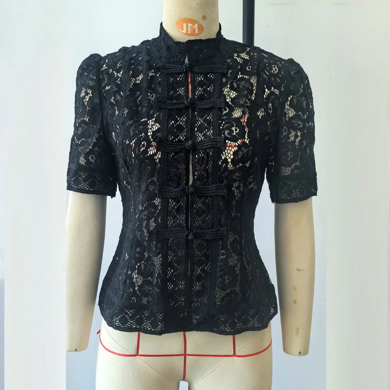 Floral Lace Frog Closure Blouse