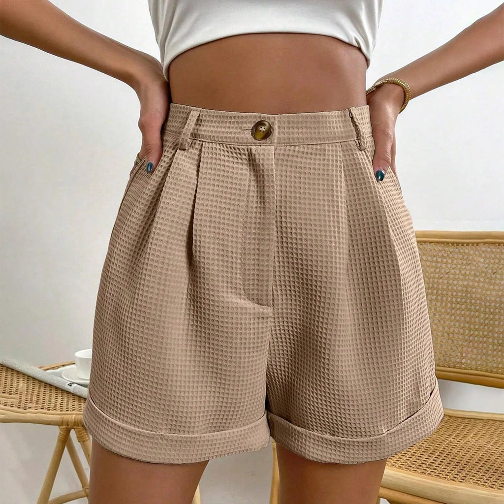 Cream Waffle-Texture High-Waisted Shorts