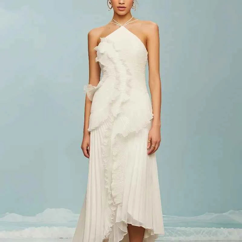 Lilac Pleated Ruffle Halter Maxi Dress
