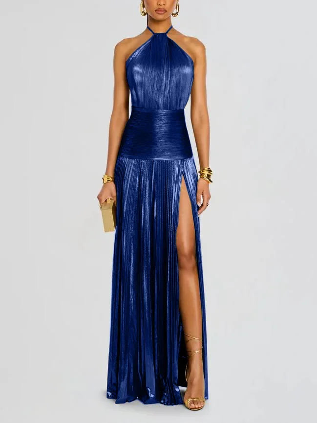 Metallic Pleated Halter Maxi Dress