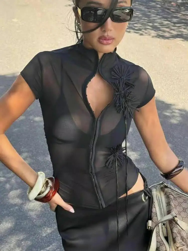 Black Sheer Tassel Crop Top