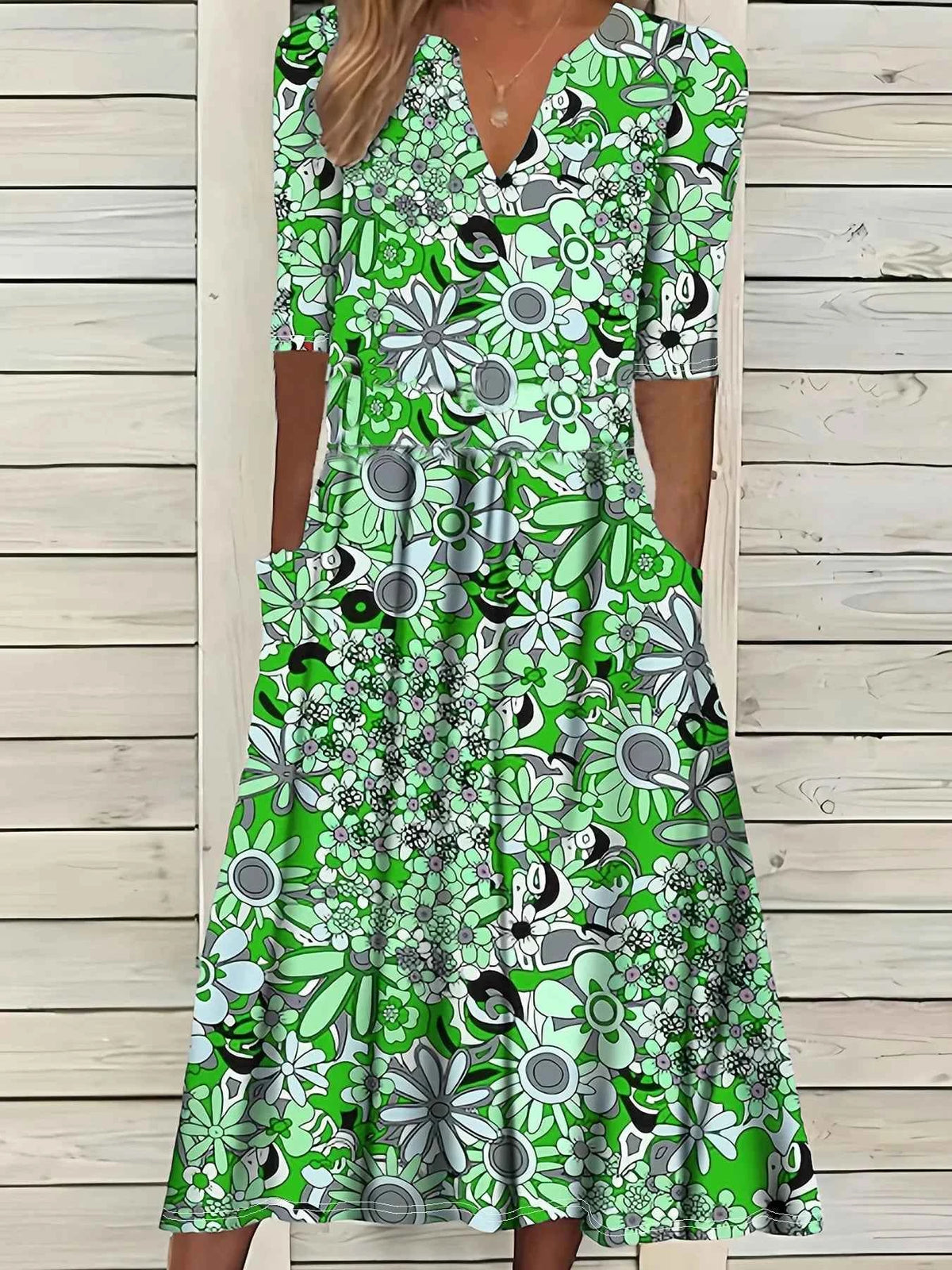 Green Floral Print A-Line Dress
