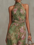 Sage Floral Halter Maxi Dress