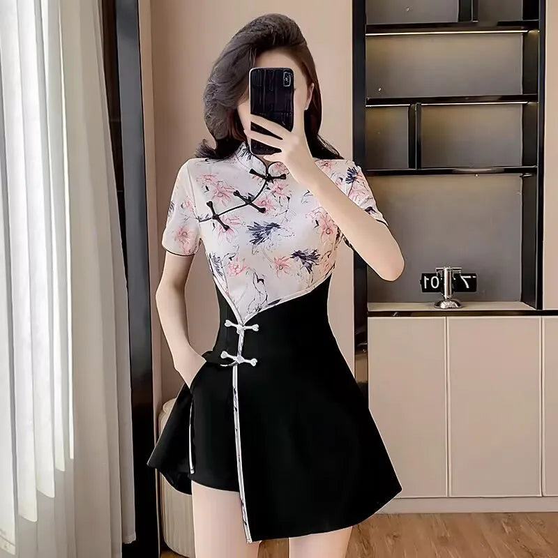 Floral Mandarin Collar Mini Dress