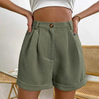 Cream Waffle-Texture High-Waisted Shorts