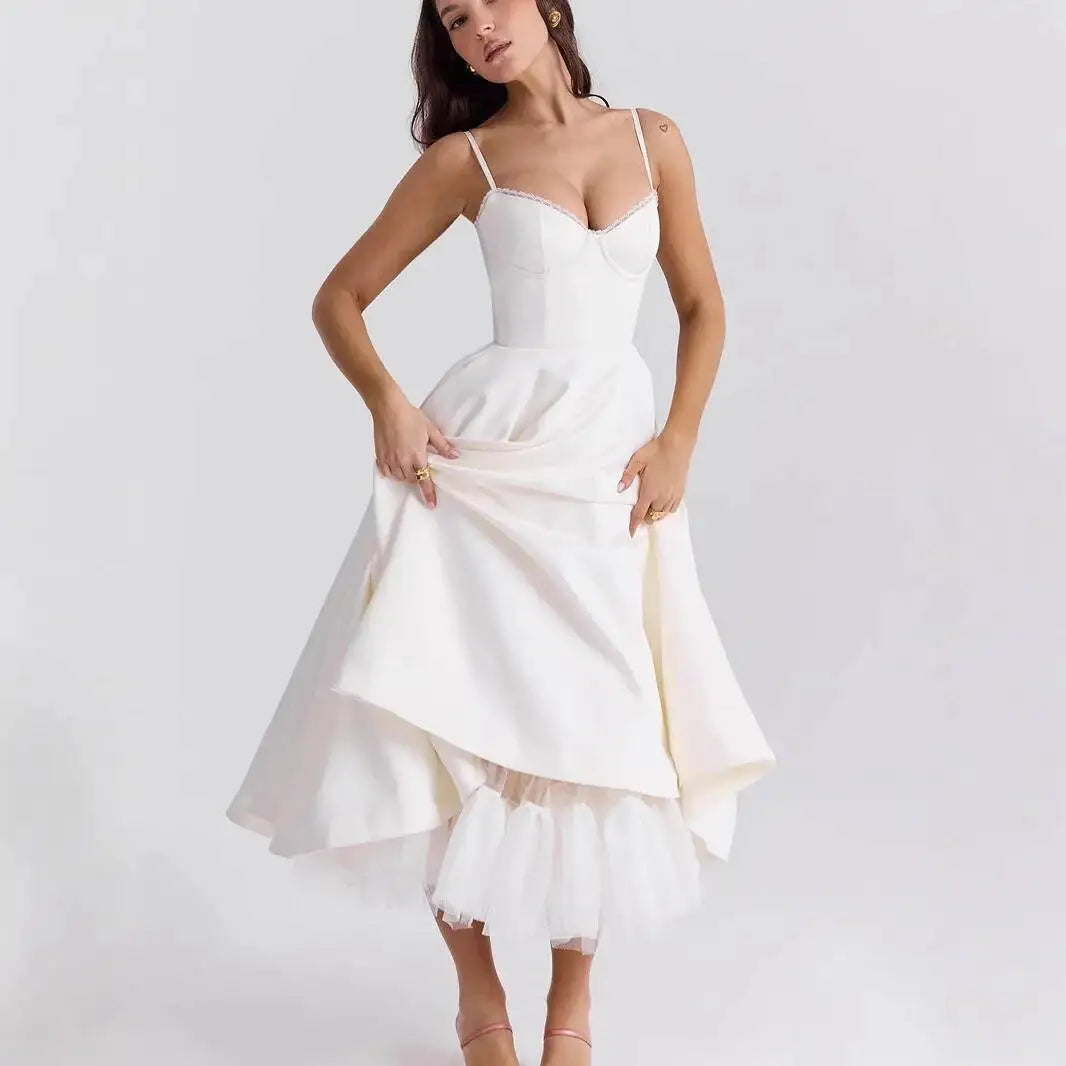 Pink Satin Bustier Midi Dress