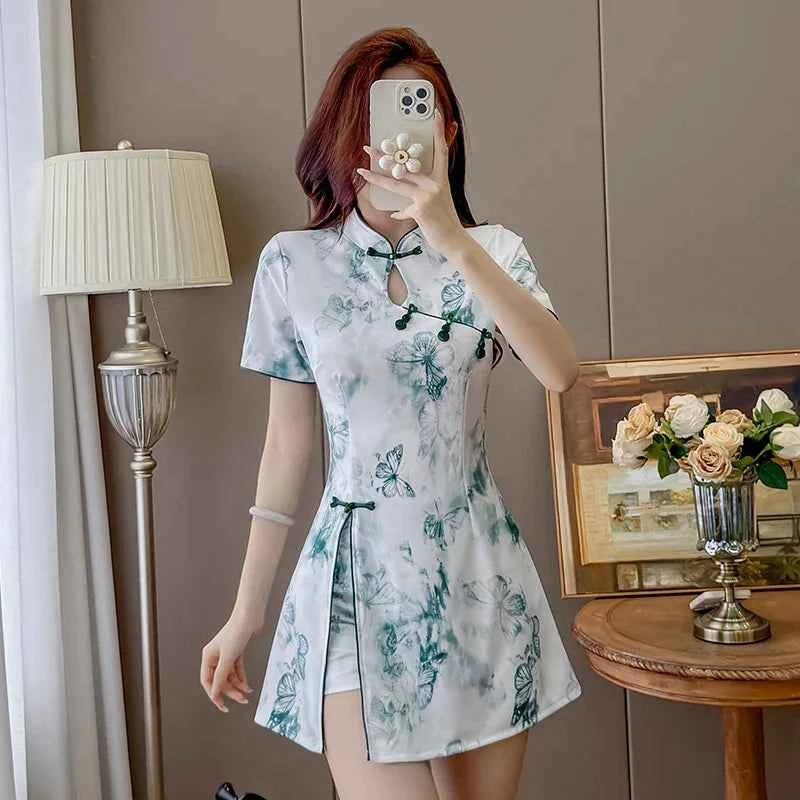 Floral Print Cheongsam Mini Dress