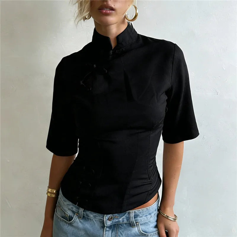 Fitted Mandarin Collar Blouse