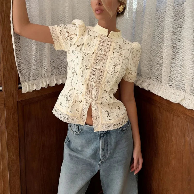 Floral Lace Frog Closure Blouse
